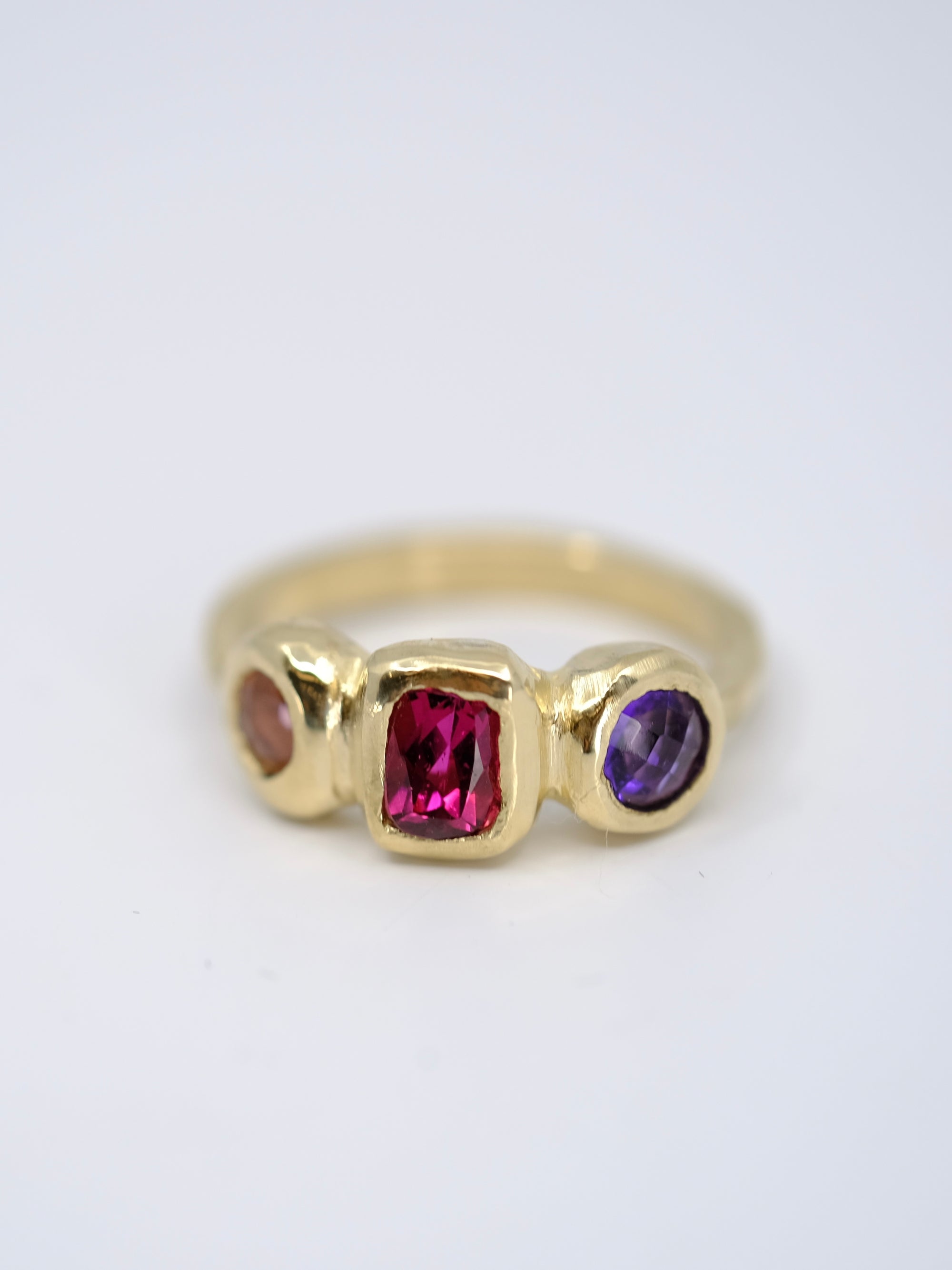 Pink tourmaline and amethyst trio ring in gold