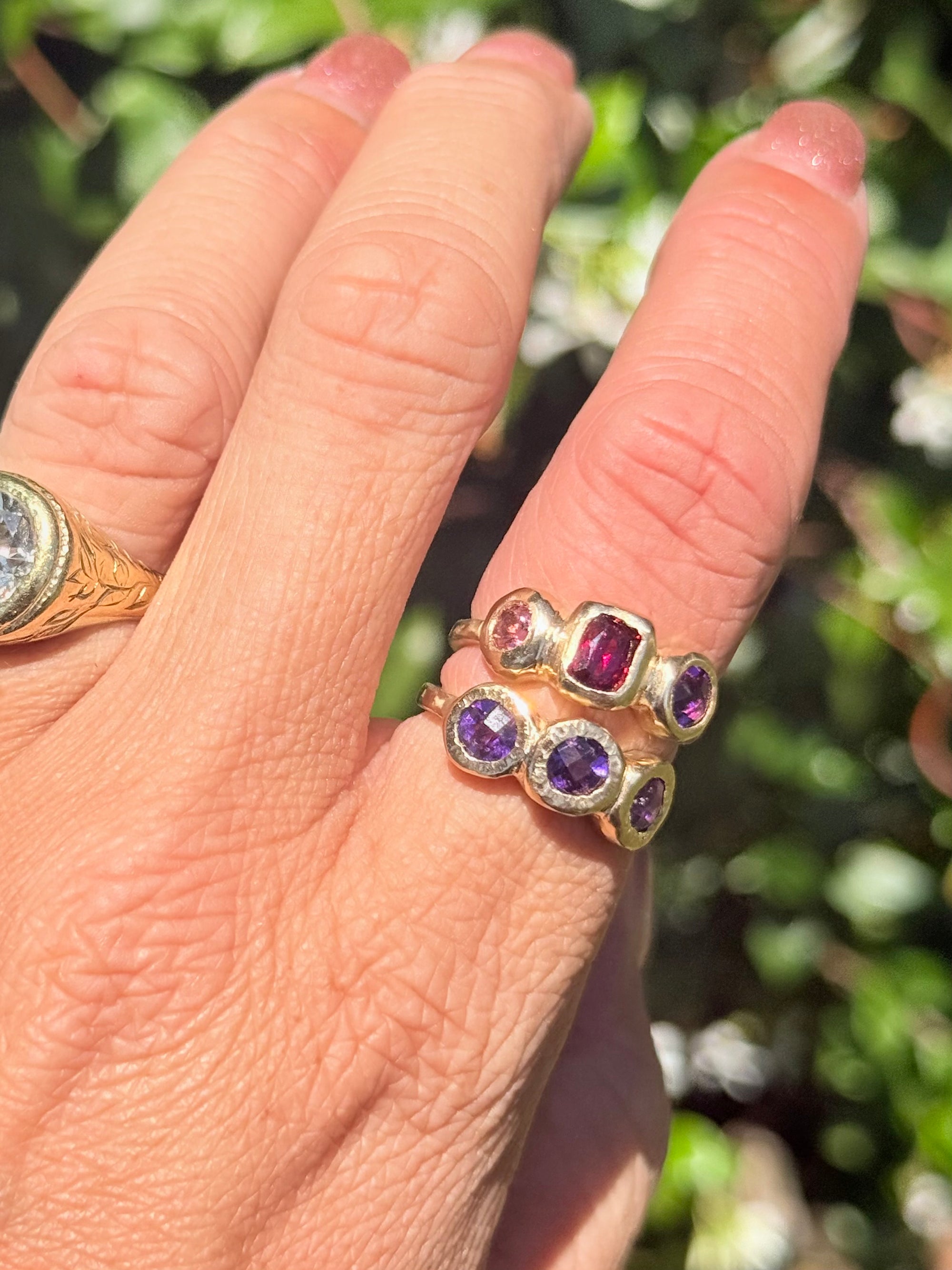 Pink tourmaline and amethyst trio ring in gold