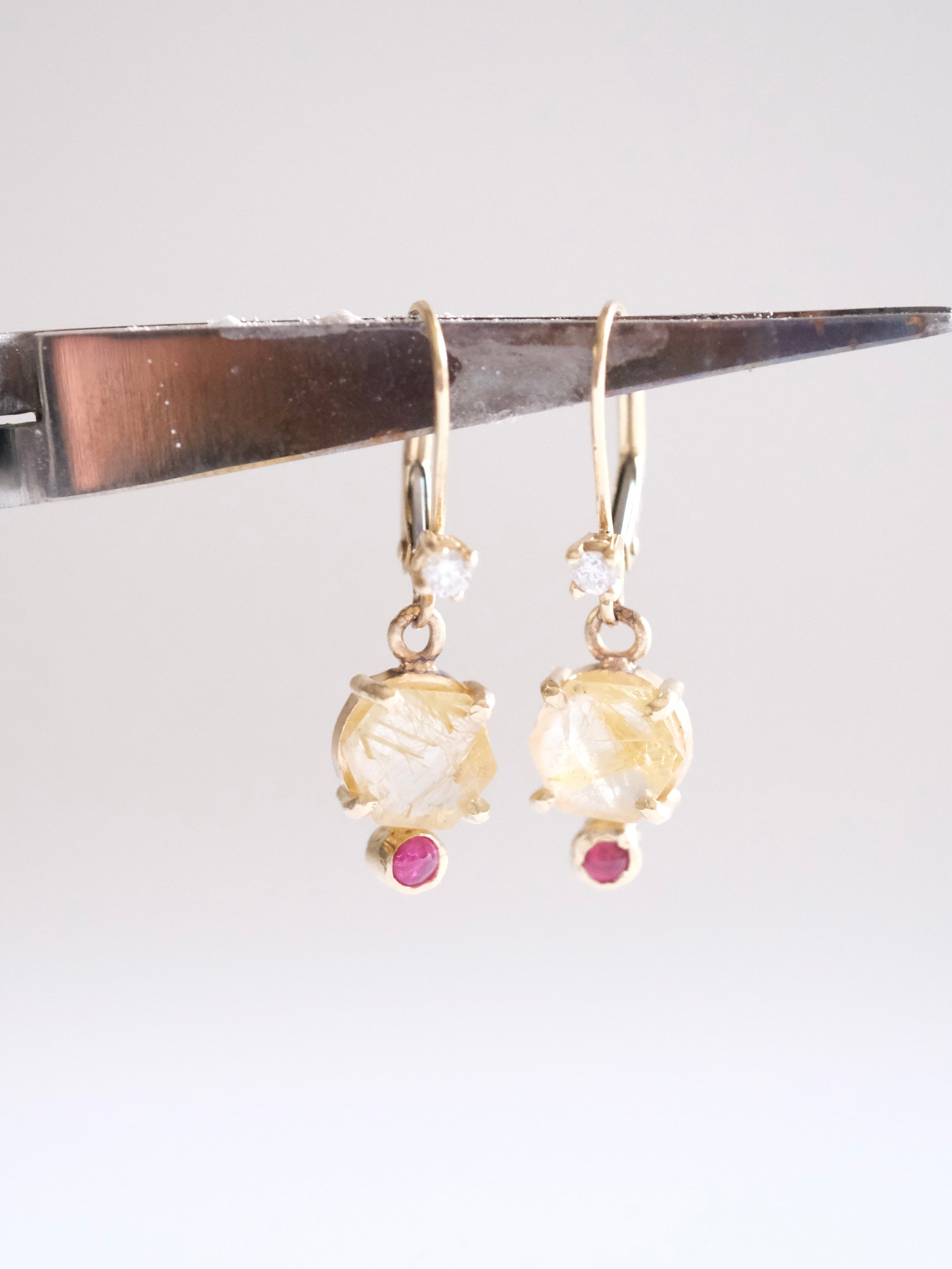 Diamond, Rutilated Quartz and Ruby Dangle Earrings