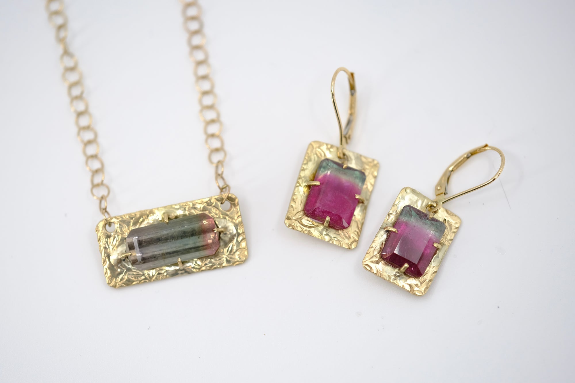 Hand Engraved Tourmaline Dangle Earrings