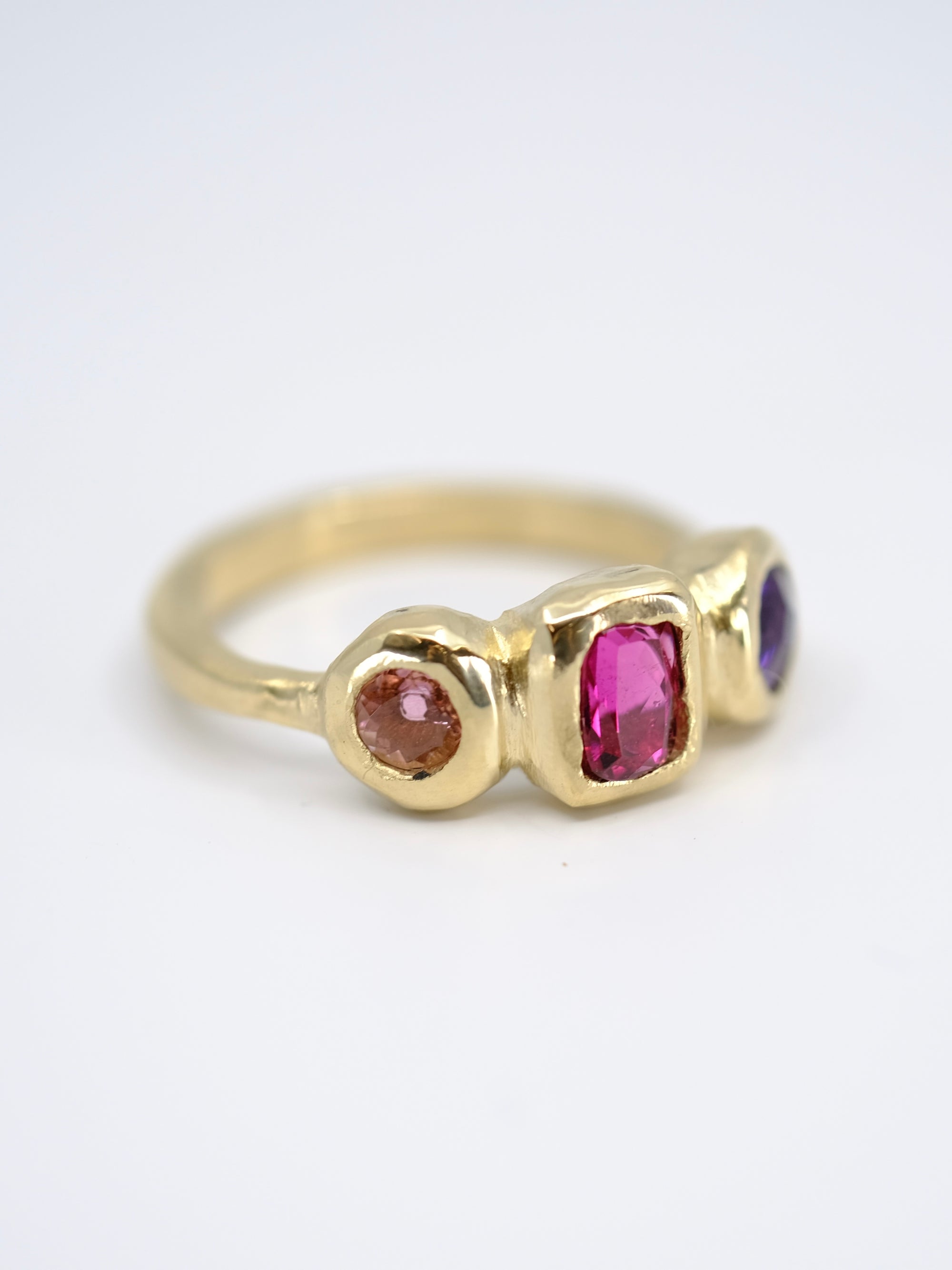 Pink tourmaline and amethyst trio ring in gold