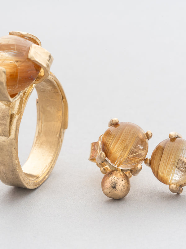 Rutilated Quartz and Gold Stud Earrings