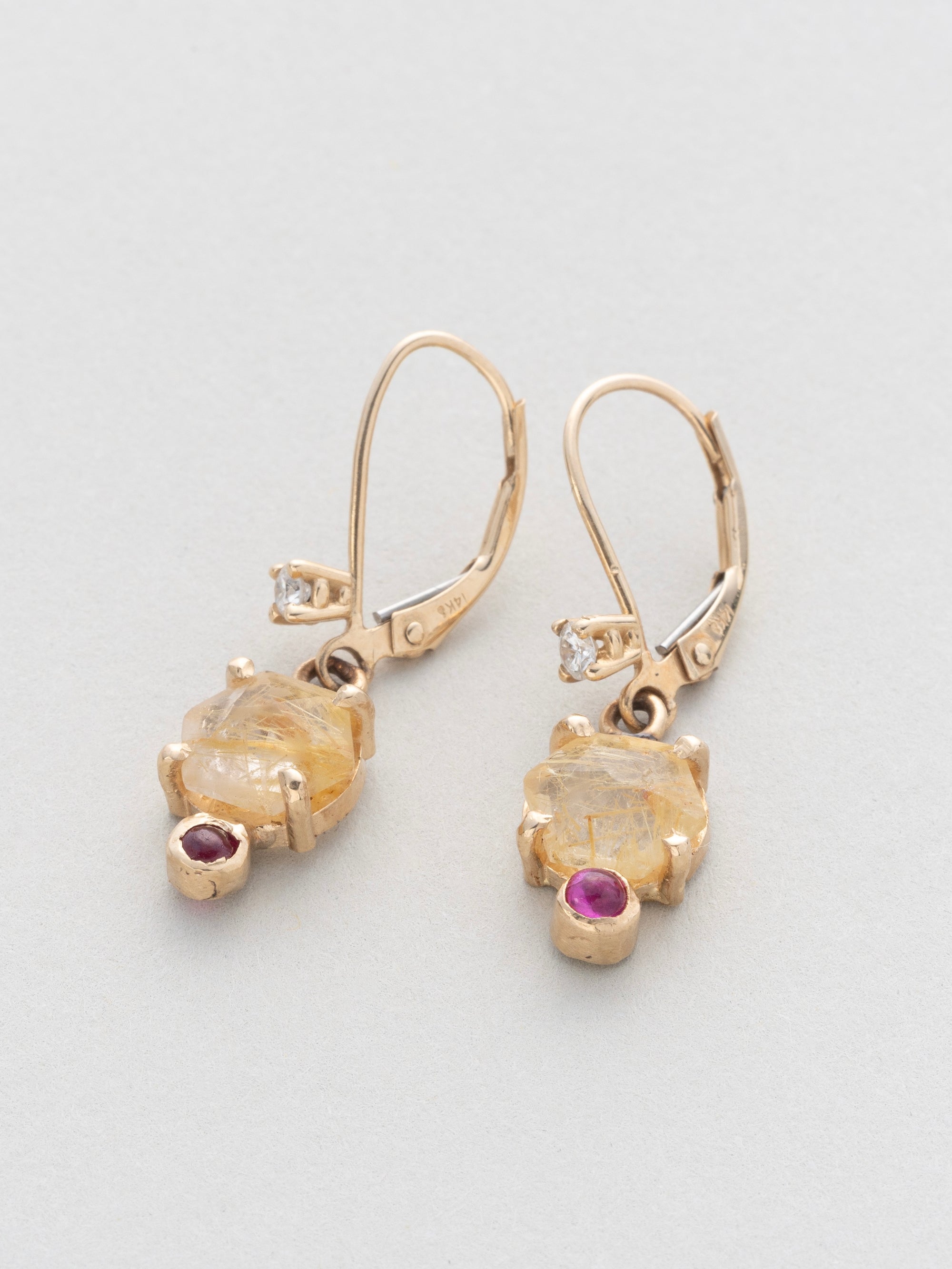 Diamond, Rutilated Quartz and Ruby Dangle Earrings