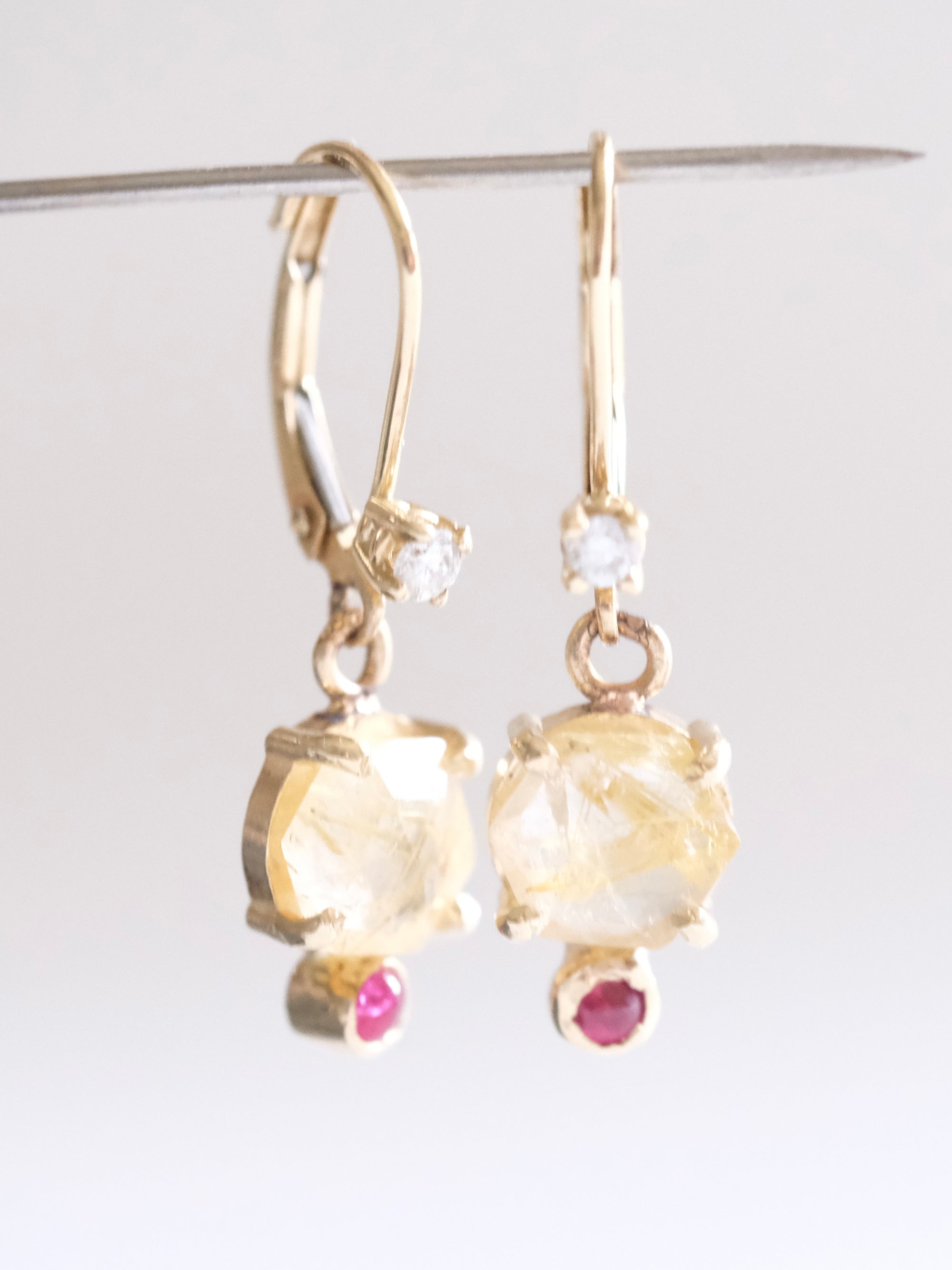 Diamond, Rutilated Quartz and Ruby Dangle Earrings