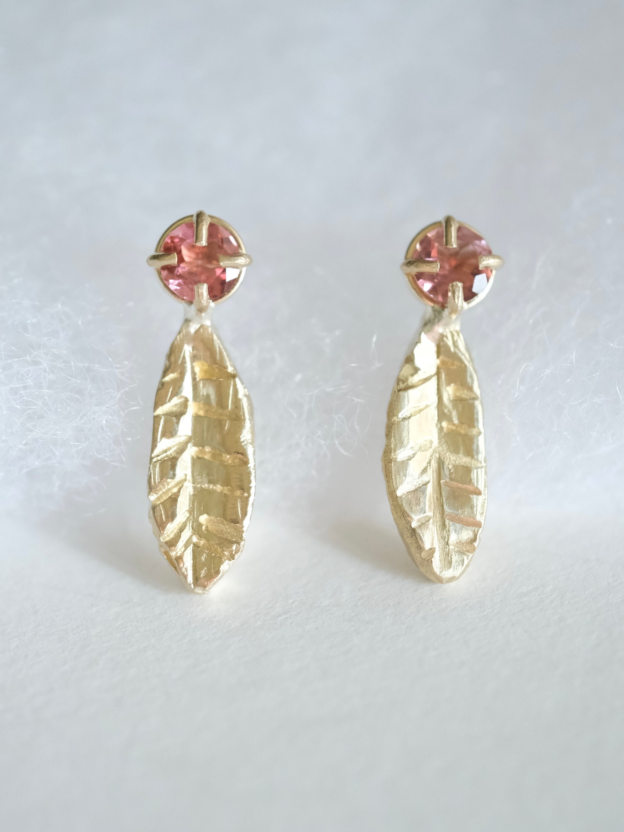 Pink Tourmaline Leaf Stud Earrings