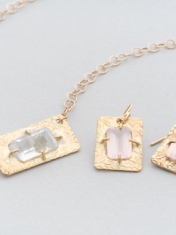 Hand Engraved Rose Quartz Dangle Earrings