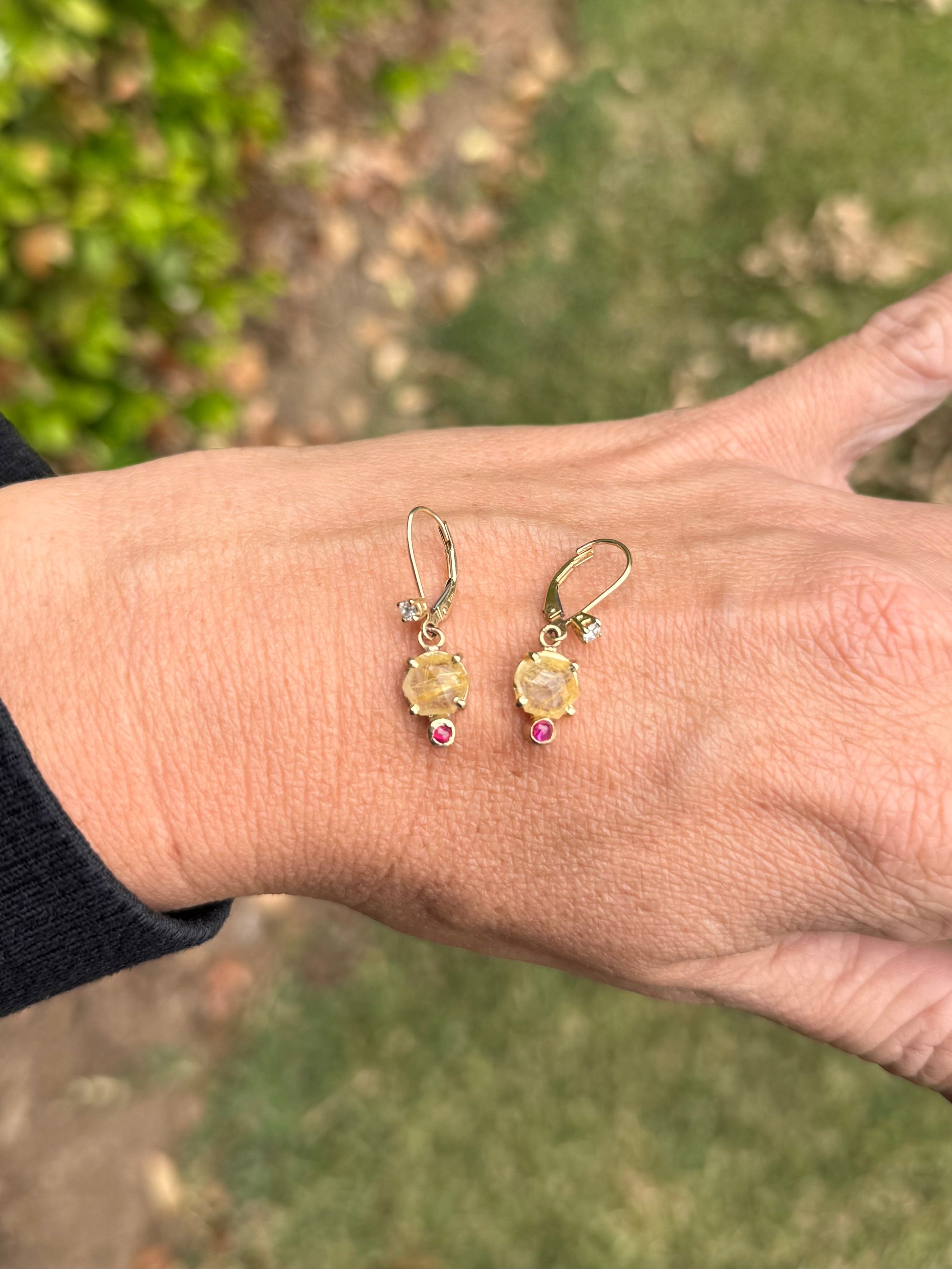 Diamond, Rutilated Quartz and Ruby Dangle Earrings