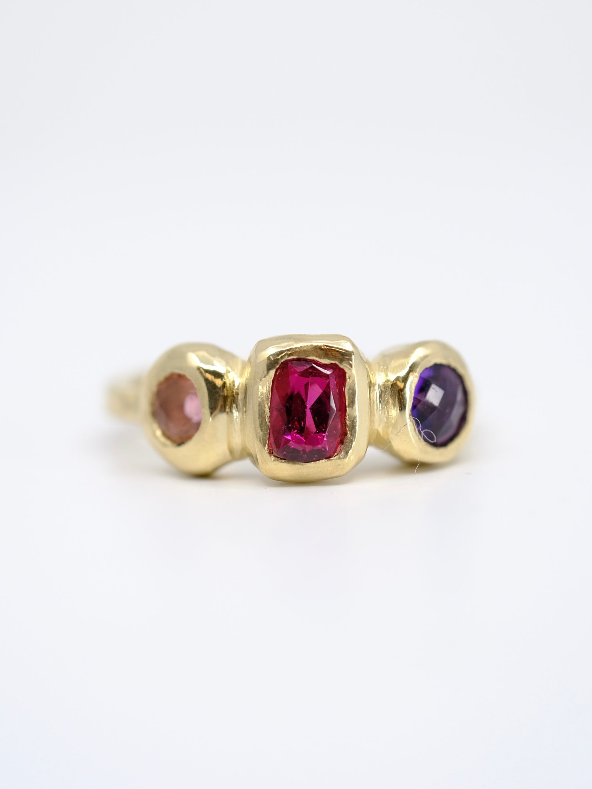 Pink tourmaline and amethyst trio ring in gold
