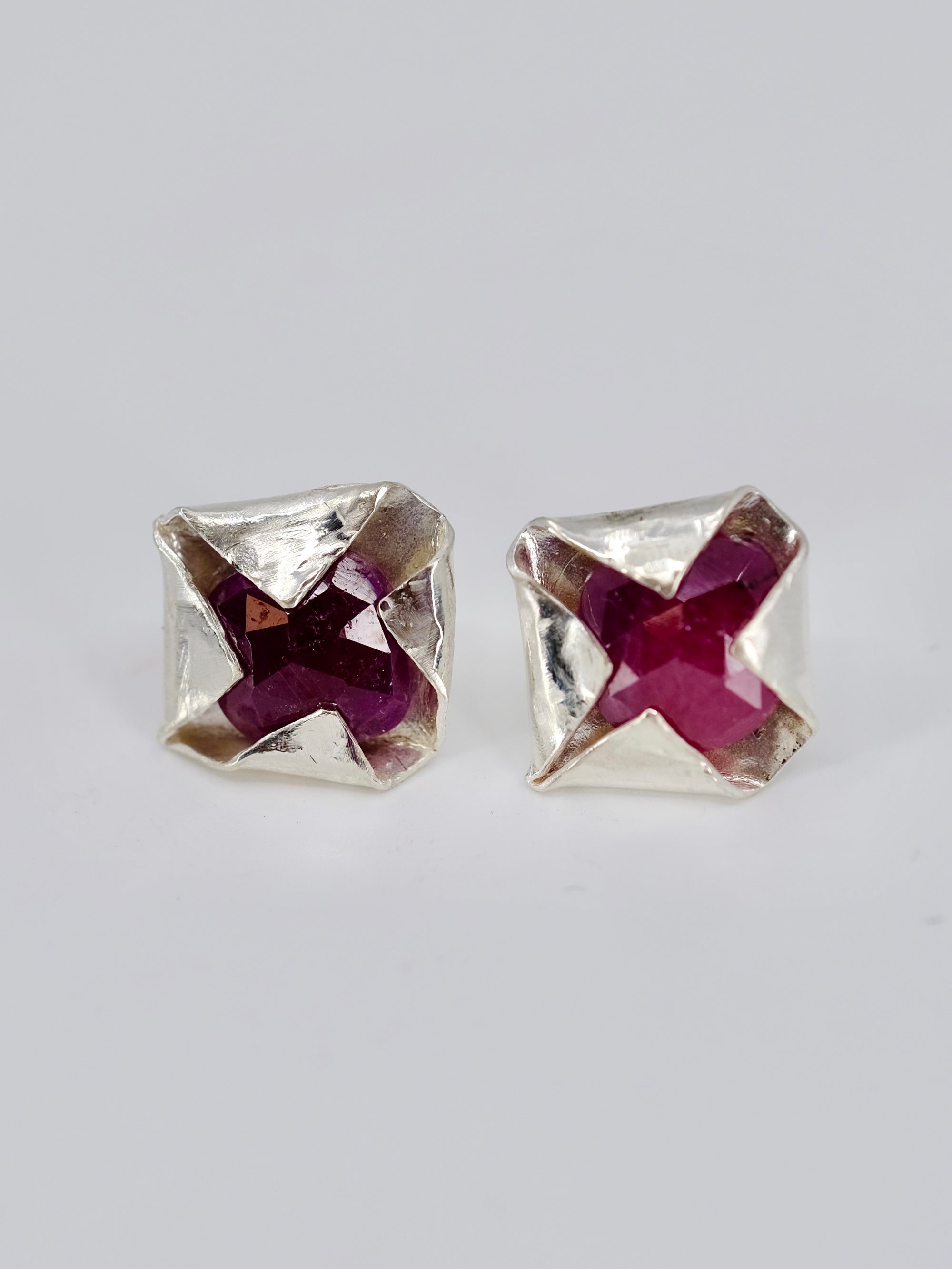 Folded Ruby and Sterling Silver Stud Earrings