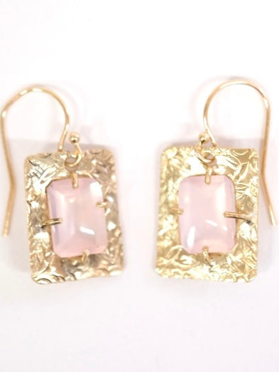 Hand Engraved Rose Quartz Dangle Earrings