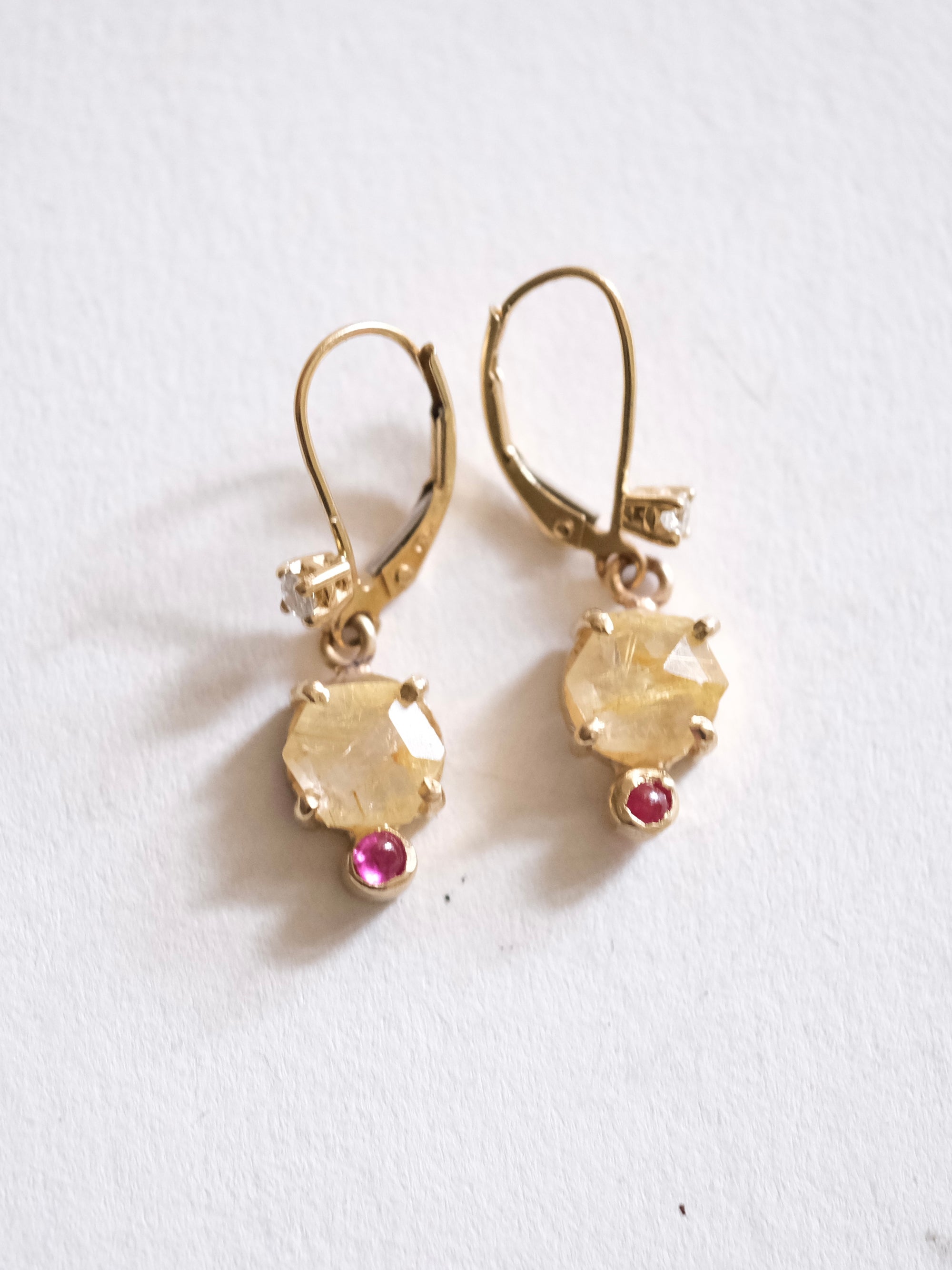 Diamond, Rutilated Quartz and Ruby Dangle Earrings