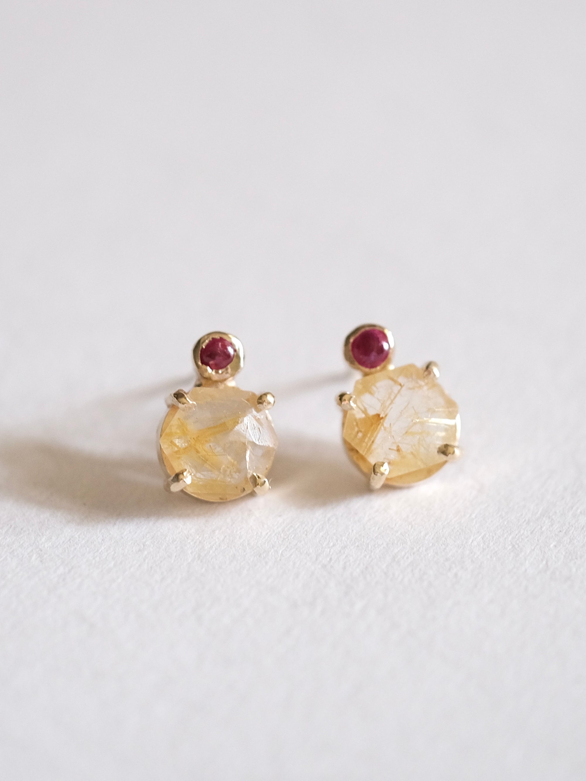 Rutilated Quartz and Ruby Stud Earrings