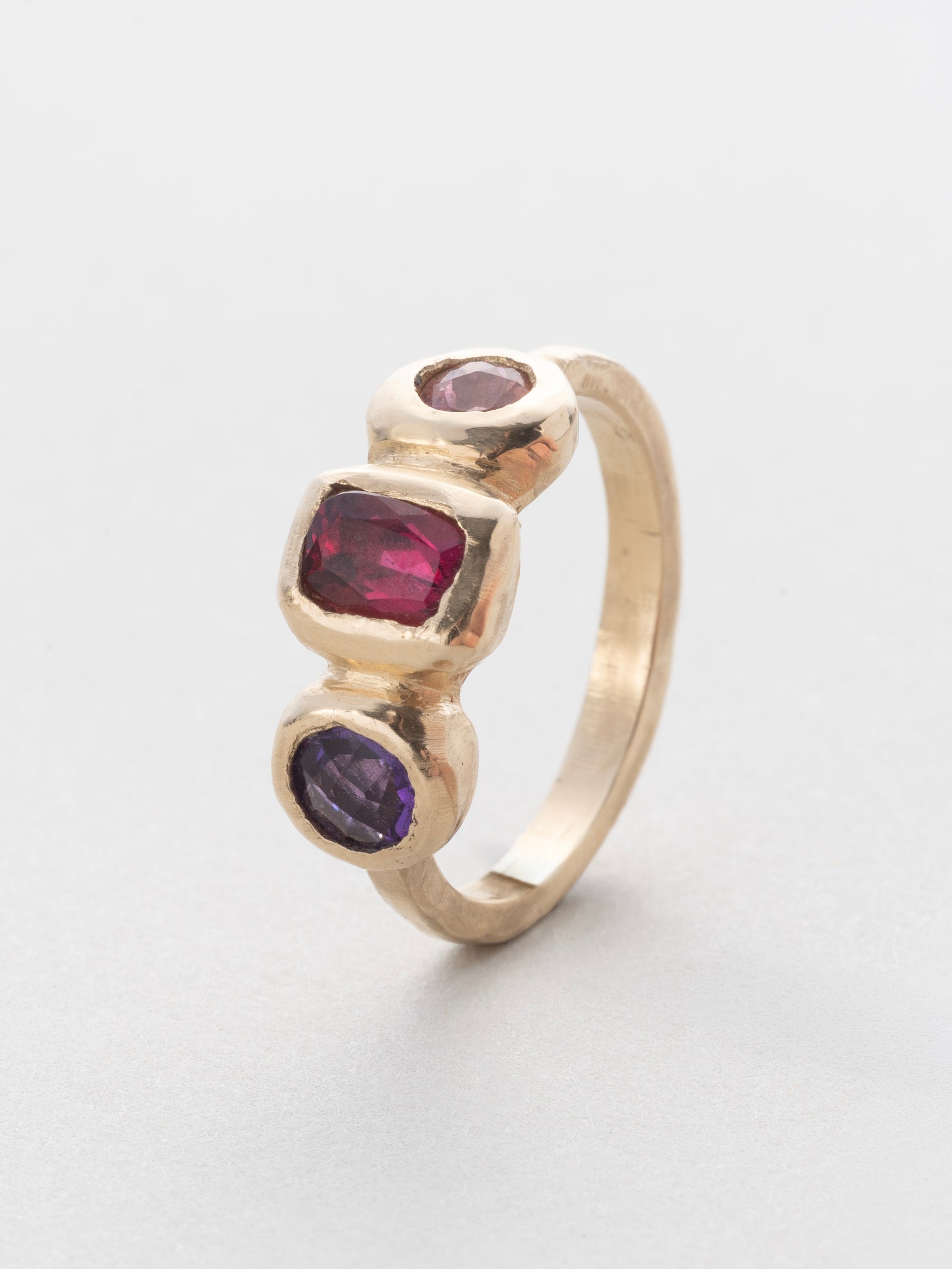 Pink tourmaline and amethyst trio ring in gold