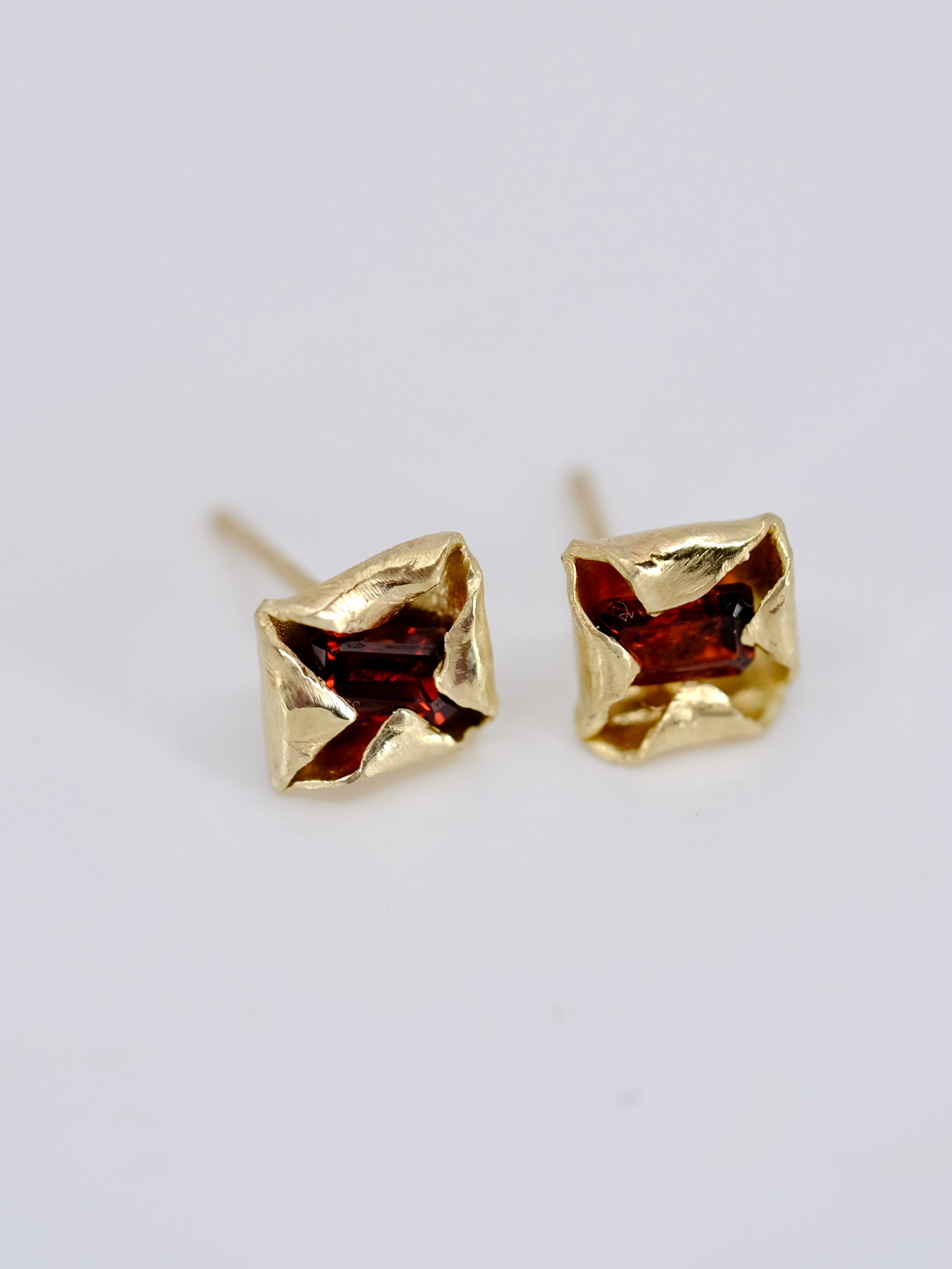 Folded Garnet and Gold Stud Earrings