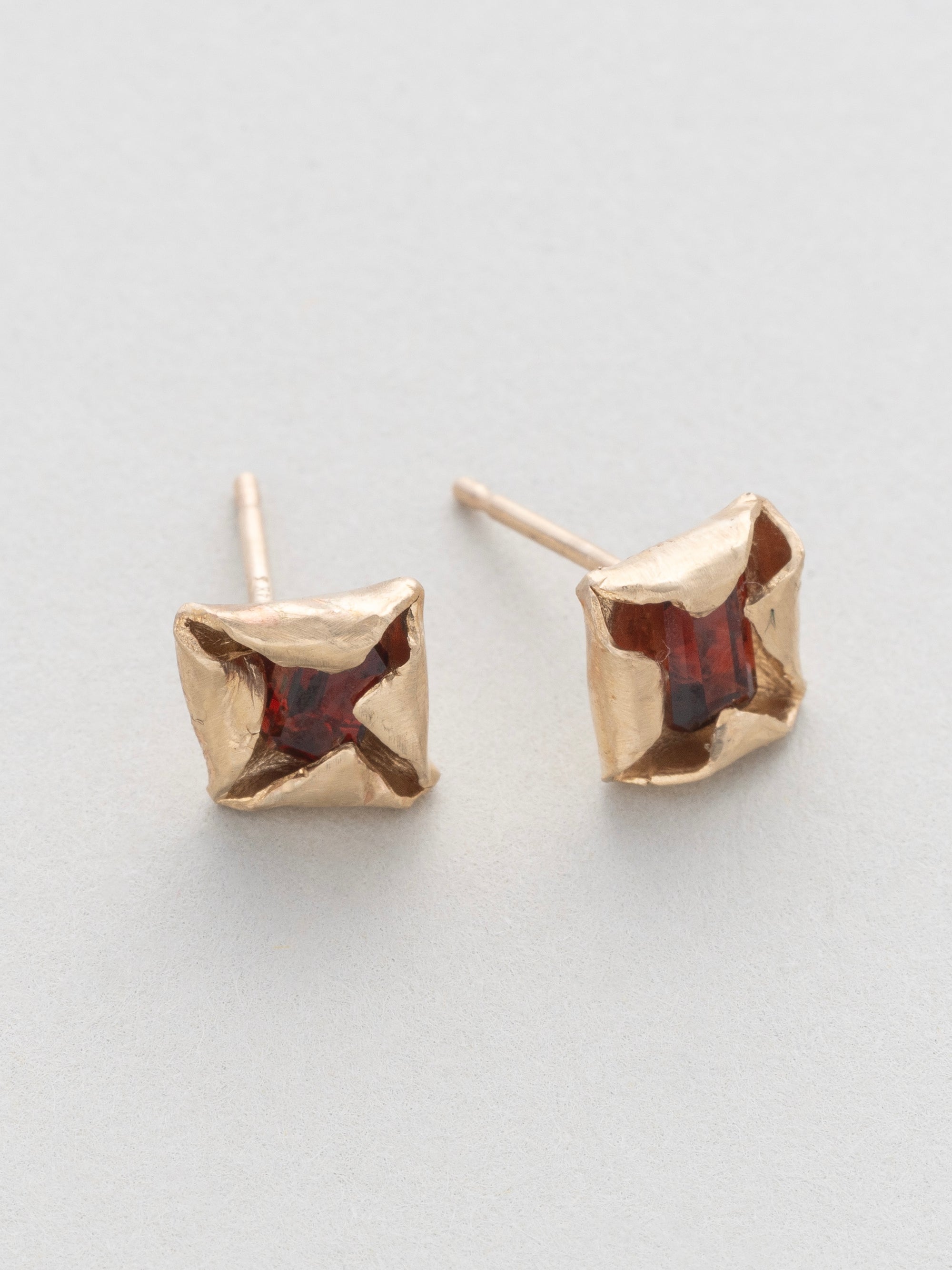 Folded Garnet and Gold Stud Earrings