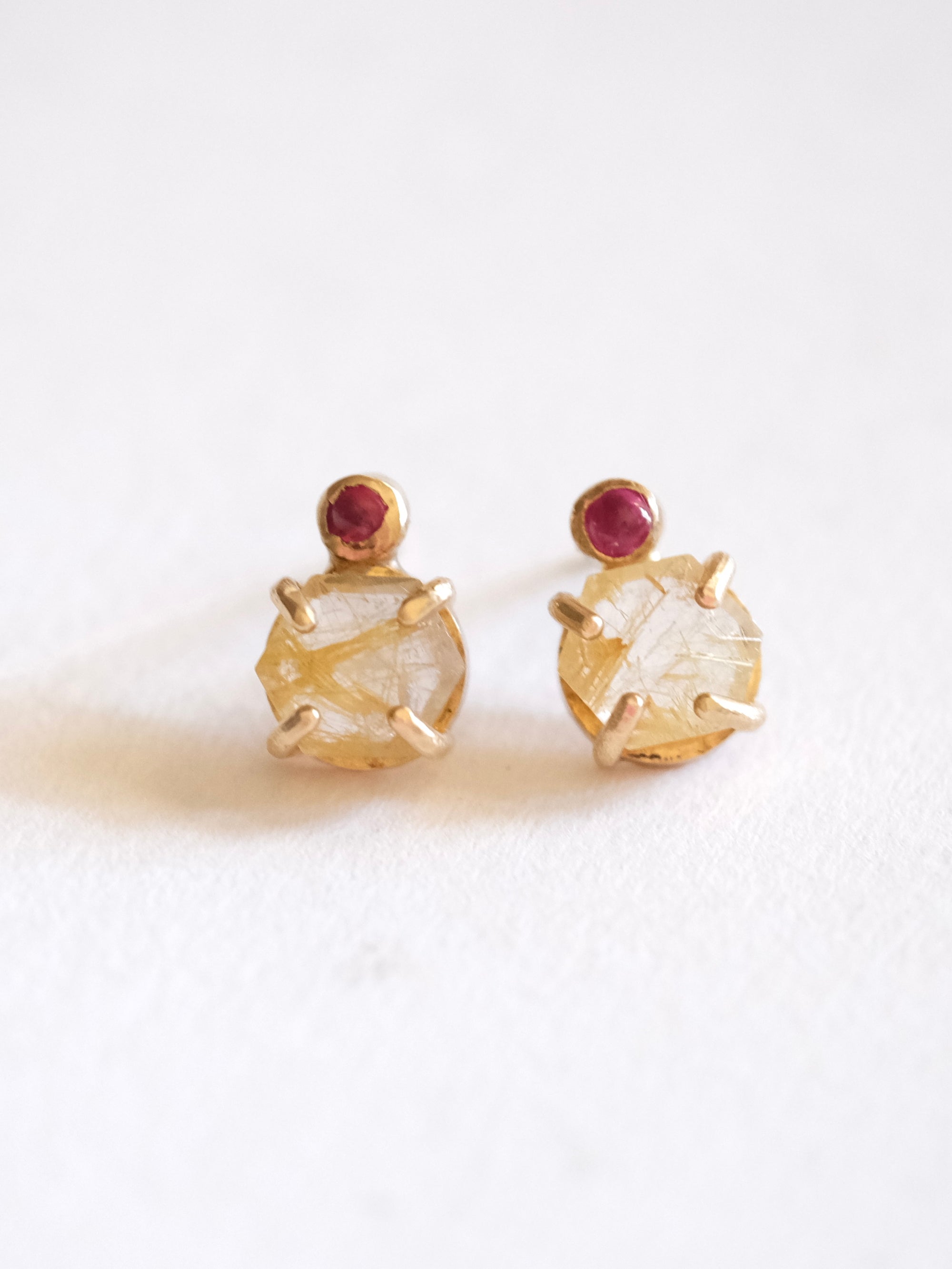 Rutilated Quartz and Ruby Stud Earrings