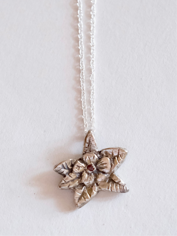 Flower, Leaves and Red Diamond Pendant