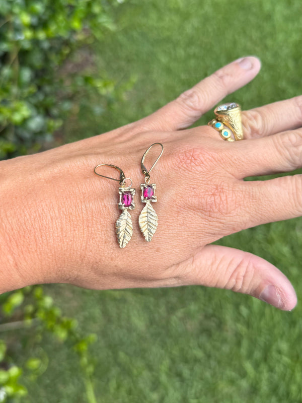 Rubellite Tourmaline Dangle Leaf Earrings