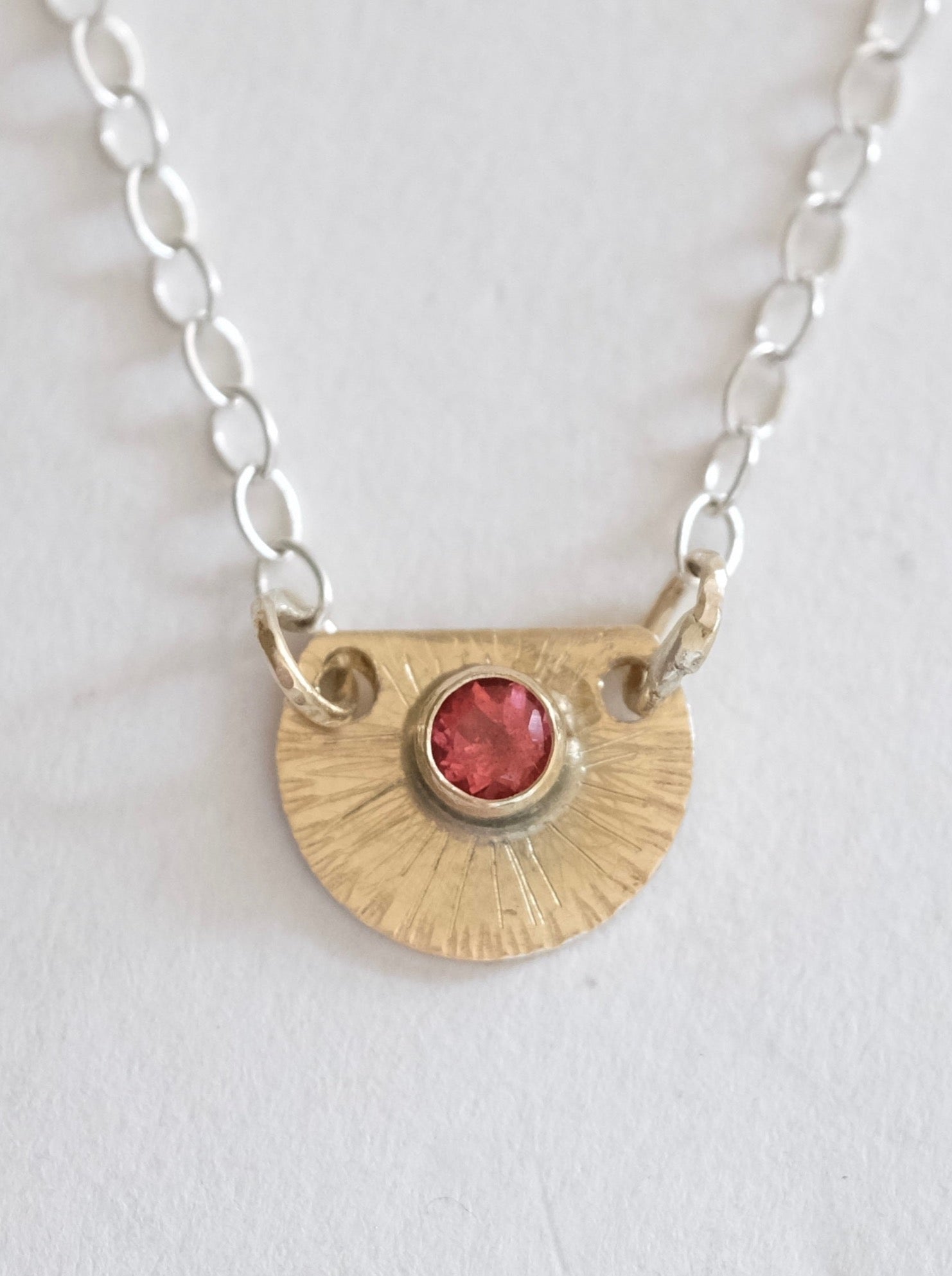 Pink Tourmaline Gold Pendant on Silver Chain