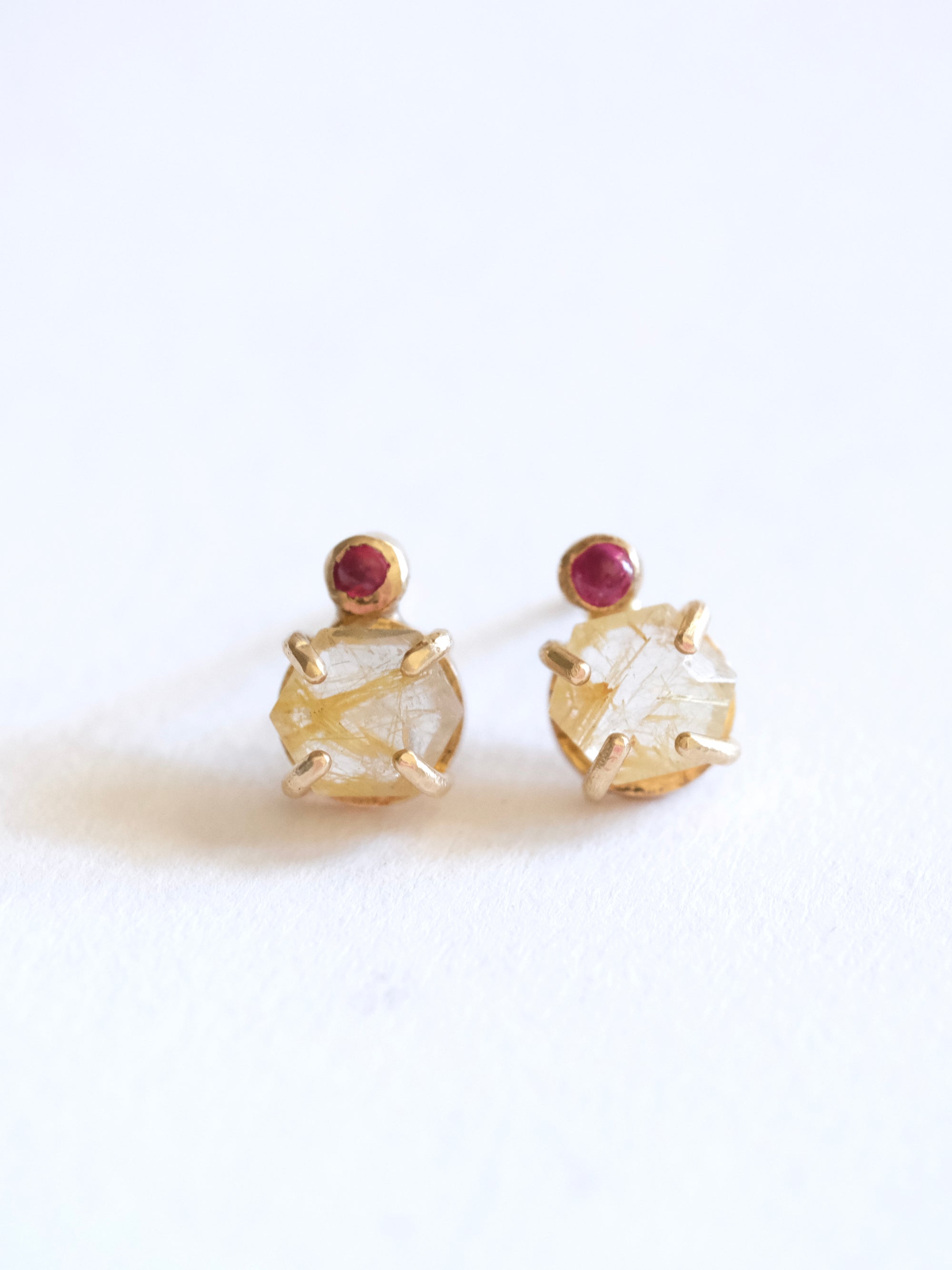 Rutilated Quartz and Ruby Stud Earrings