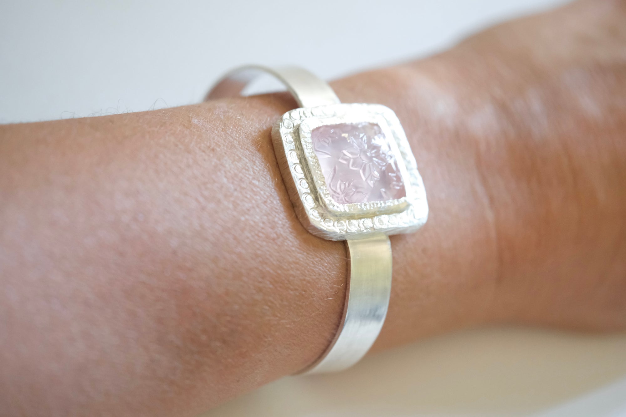 Carved Rose Quartz Cuff Bracelet