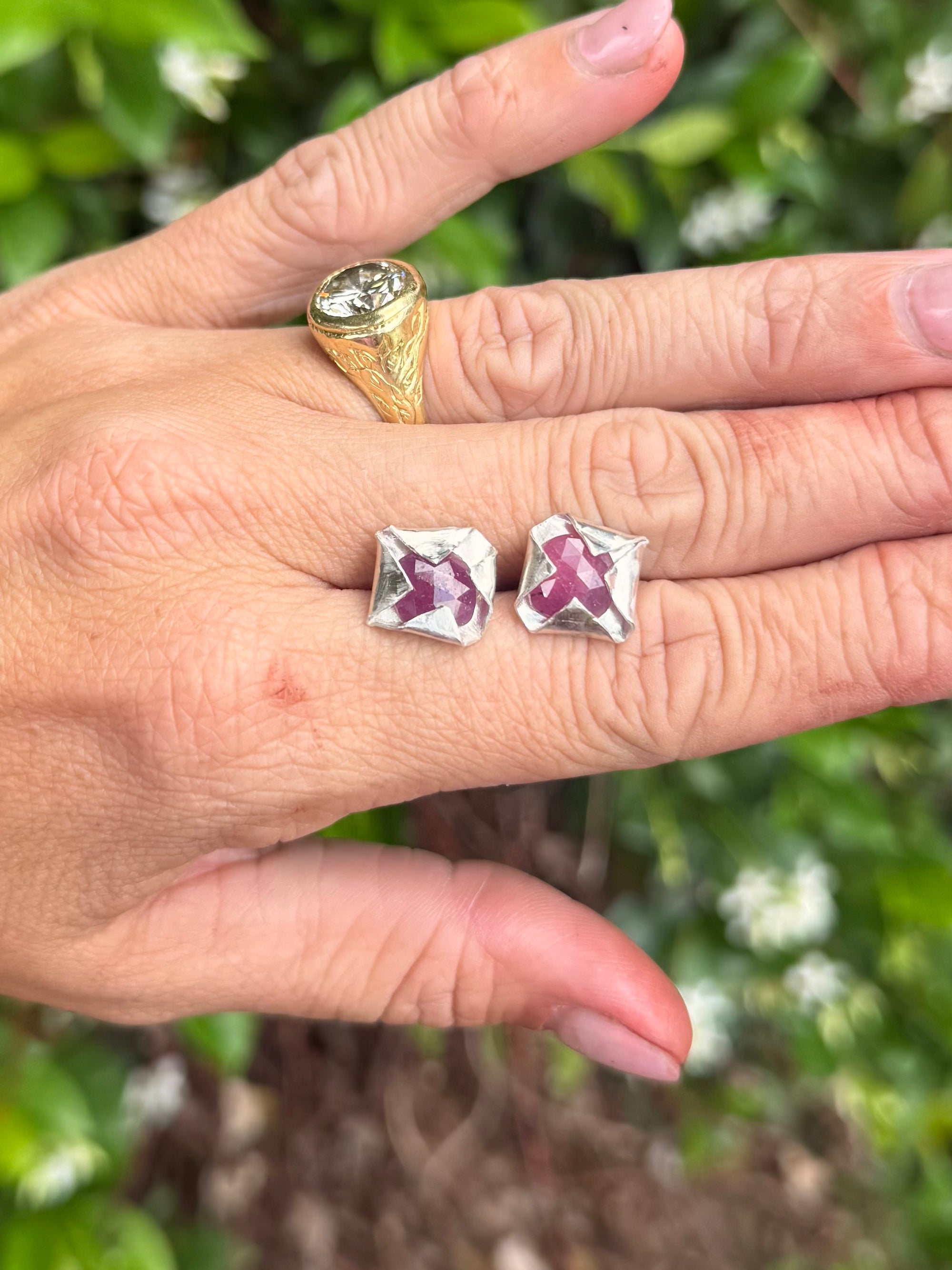 Folded Ruby and Sterling Silver Stud Earrings
