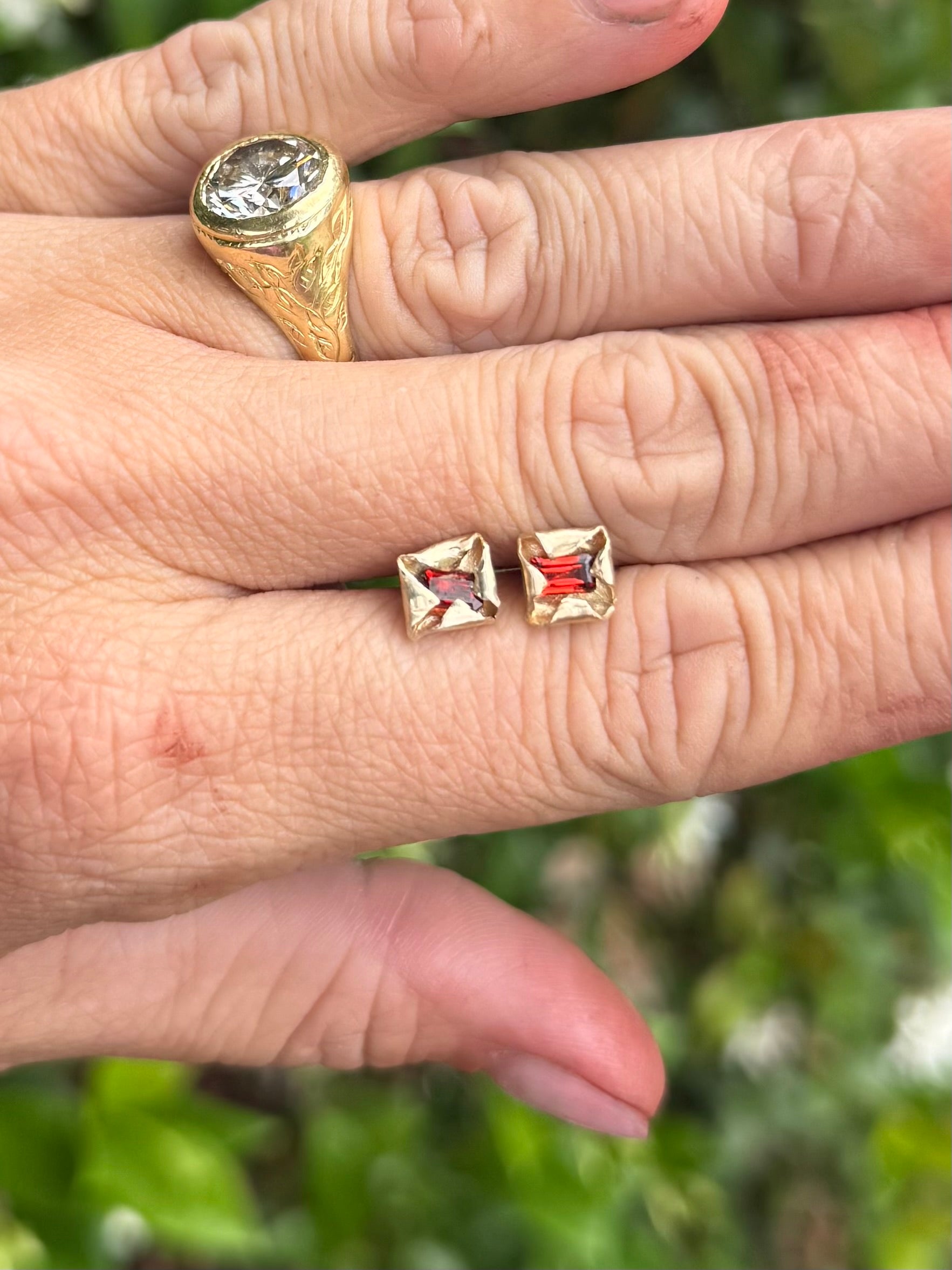 Folded Garnet and Gold Stud Earrings