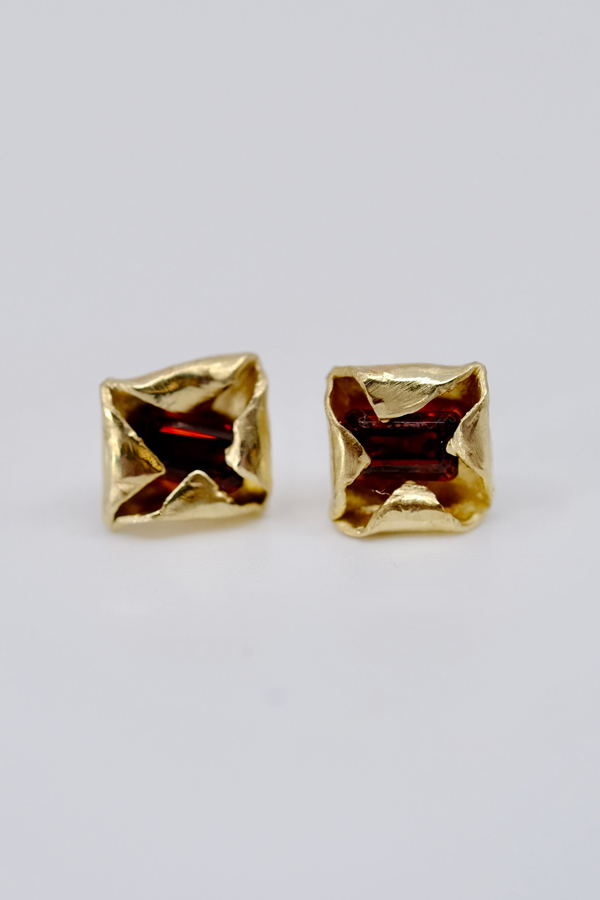 Folded Garnet and Gold Stud Earrings