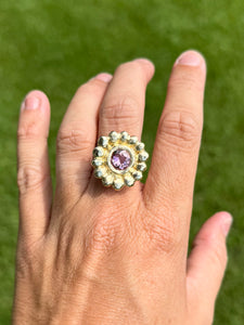 Pink Tourmaline Beaded Flower Ring