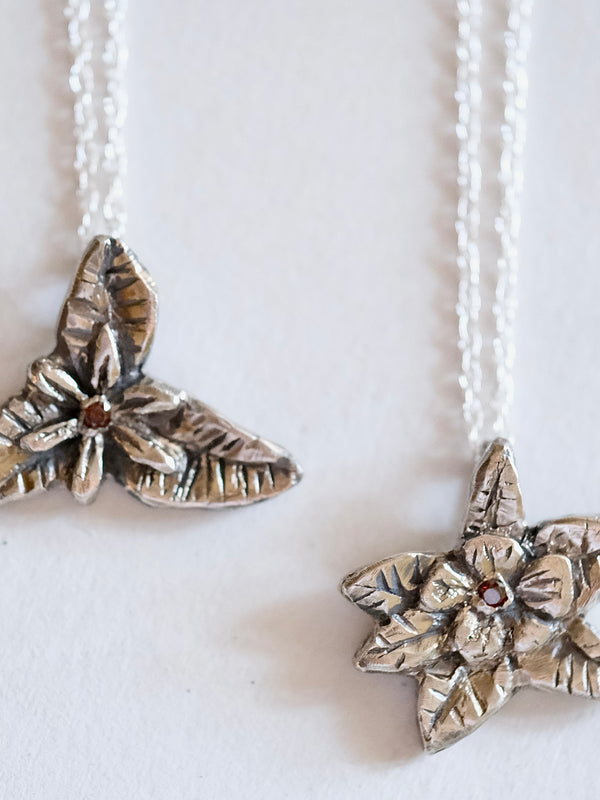 Flower, Leaf Trio and Red Diamond Pendant