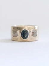 Load image into Gallery viewer, Blue-Green Sapphire and Grey Rosecut Diamond Gold Ring
