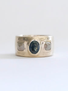 Blue-Green Sapphire and Grey Rosecut Diamond Gold Ring