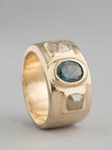 Blue-Green Sapphire and Grey Rosecut Diamond Gold Ring